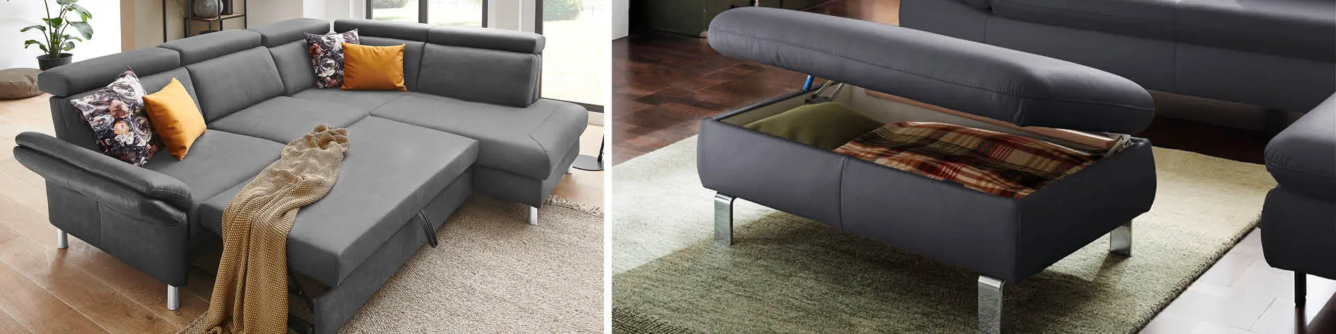 Ledersofa und Hocker mit Lederbezug – so wird’s gemütlich im Wohnzimmer.