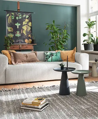 Wohnzimmer mit farblich abgestimmten Möbeln und Dekoration.