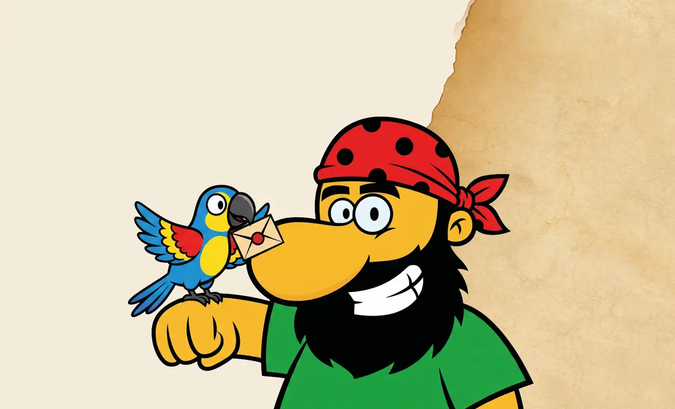 Comic-Pirat mit rotem Kopftuch und schwarzem Bart, auf seinem Unterarm bunter Papagei mit kleinem Briefumschlag vor hellem Papierhintergrund.