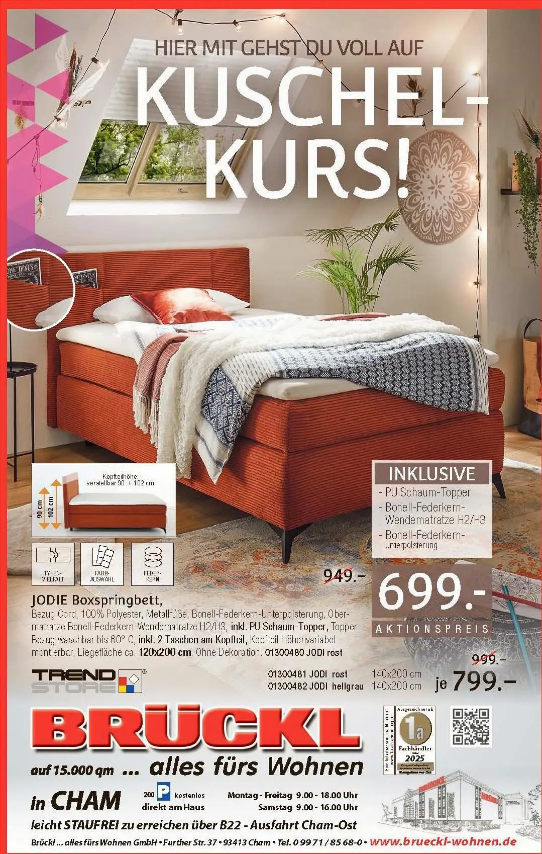 Werbemotiv mit grauer Wohnlandschaft von Trendstore, auf der ein Paar entspannt sitzt, kombiniert mit der Überschrift „Das ist der Knaller – Wellnessoase für Ihr Zuhause“ in heller, freundlicher Wohnzimmeratmosphäre.