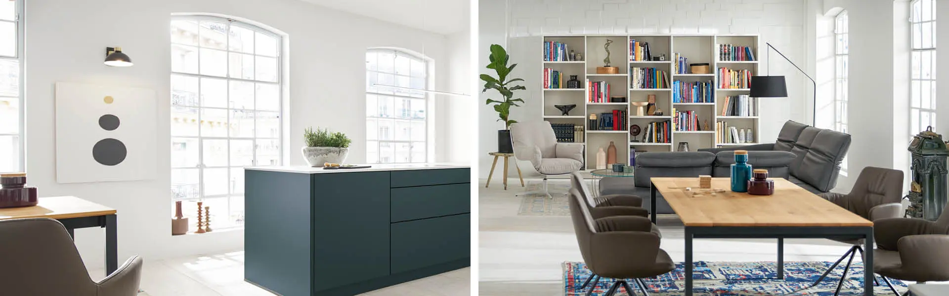 Hell beleuchtete Loft Wohnung mit großen Fenstern.