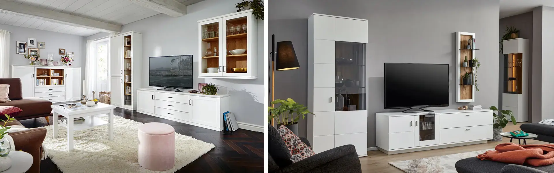 Zweiteiliges Motiv mit weissen Wohnzimmermöbeln: links Sideboard, Highboard und Couchtisch vor Fotos, rechts Wohnwand mit TV Lowboard, Vitrine und Wandboard.