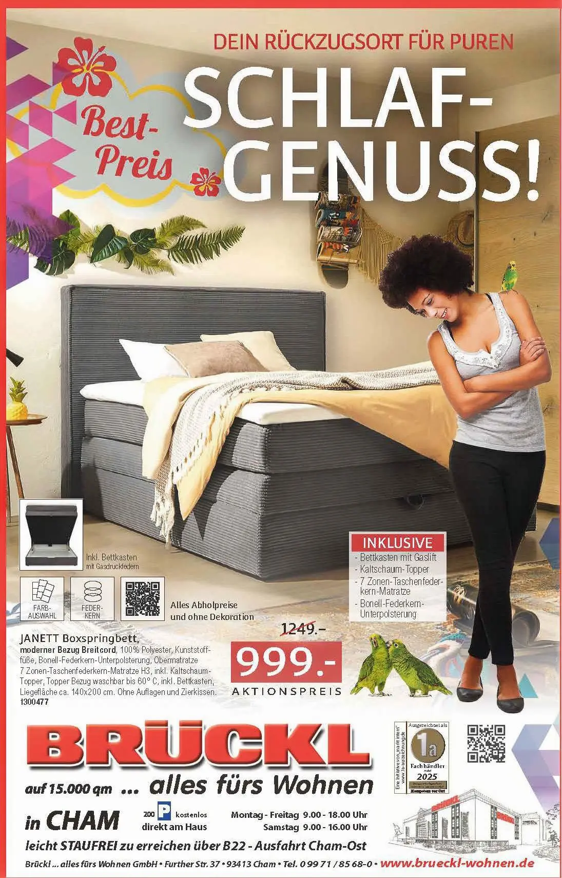 Gemütliche Schlafzimmerszene mit hellgrauem Boxspringbett von Trendstore, kuscheligen Decken und stimmungsvoller Beleuchtung, präsentiert unter dem Angebotstitel „Kuschelkurs“.