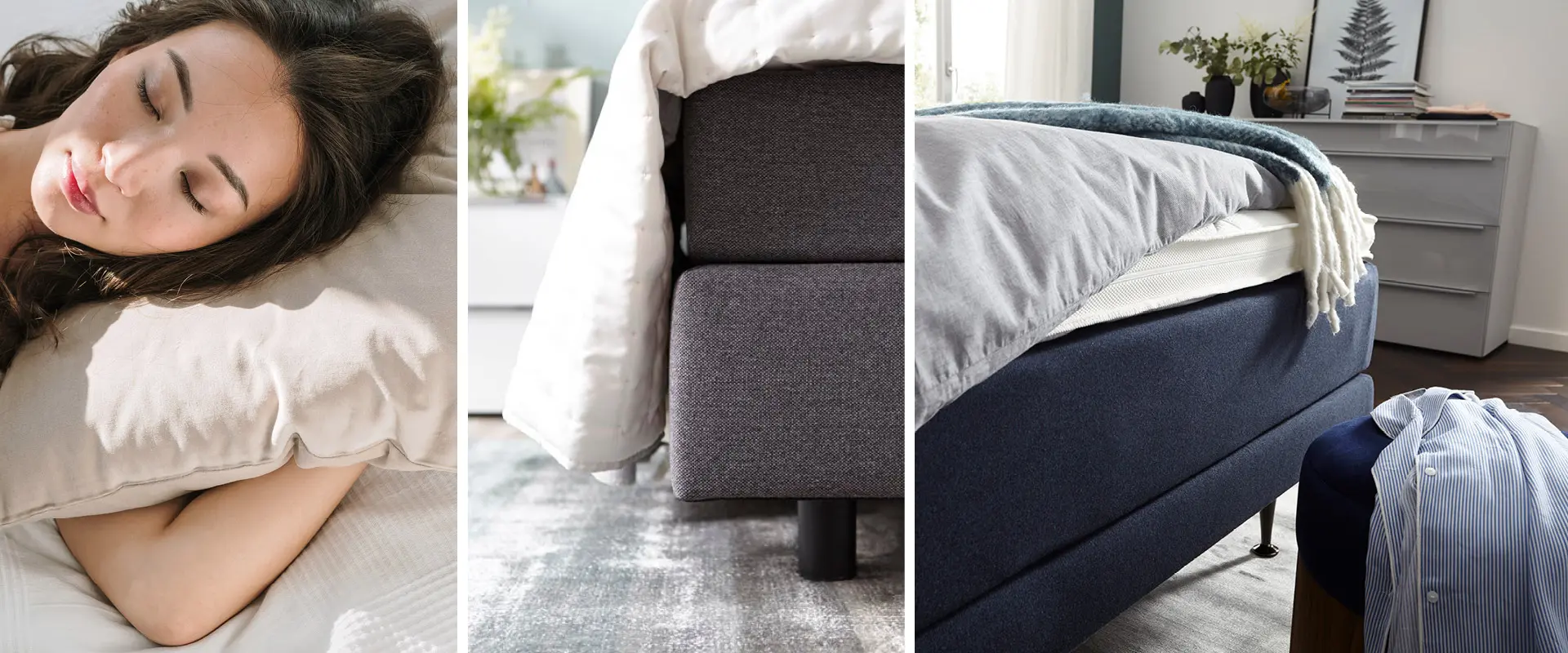 Schlafende Frau auf Kopfkissen, Boxspringbetten in Grau und Blau mit Matratze und Topper im modernen Schlafzimmer