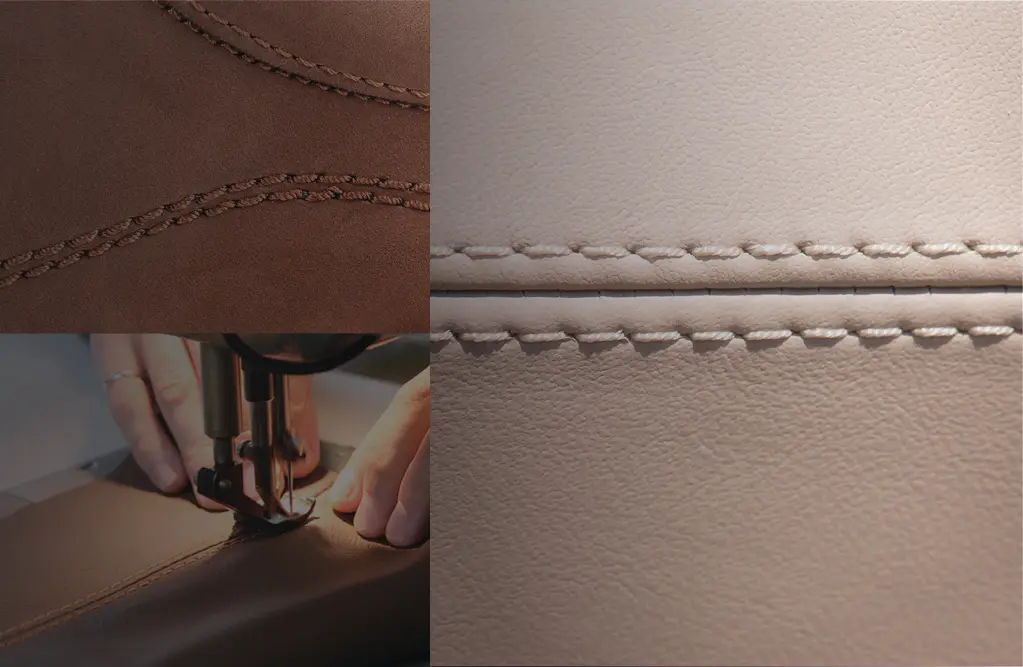 Verschiedene Naehte in Lederpolstern - Naehmaschine beim naehen von Leder