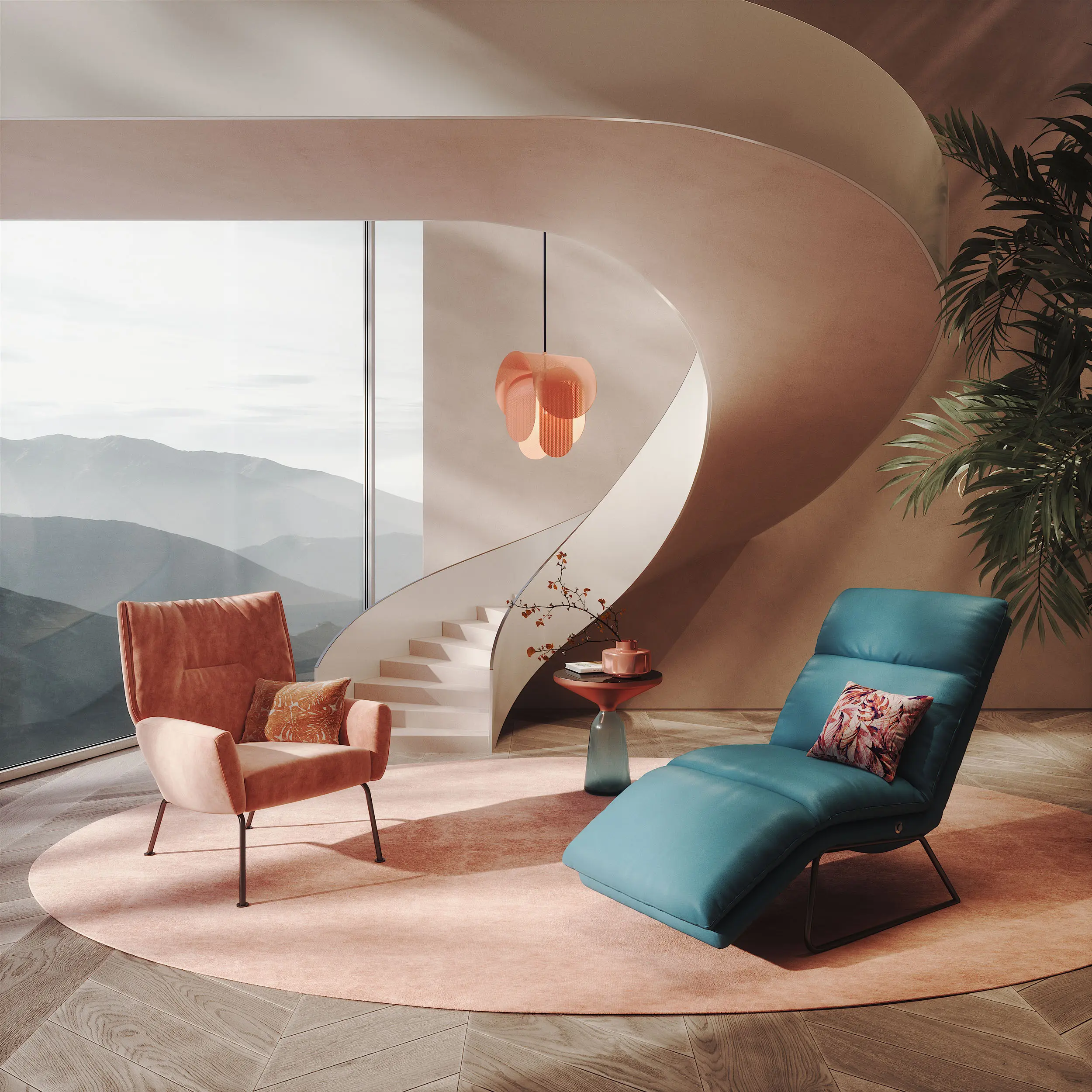 Relaxsessel Maximilian in Rot und schwarzen Metallbeinen neben Relaxliege Ferdinand in petrolfarbenem Leder auf einem rosa Teppich