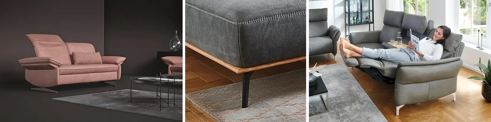 Sofa mit Sofabezug in rosé vor dunklem Hintergrund und Couches mit grauem Sofabezug in Wohnzimmer mit Parkettboden