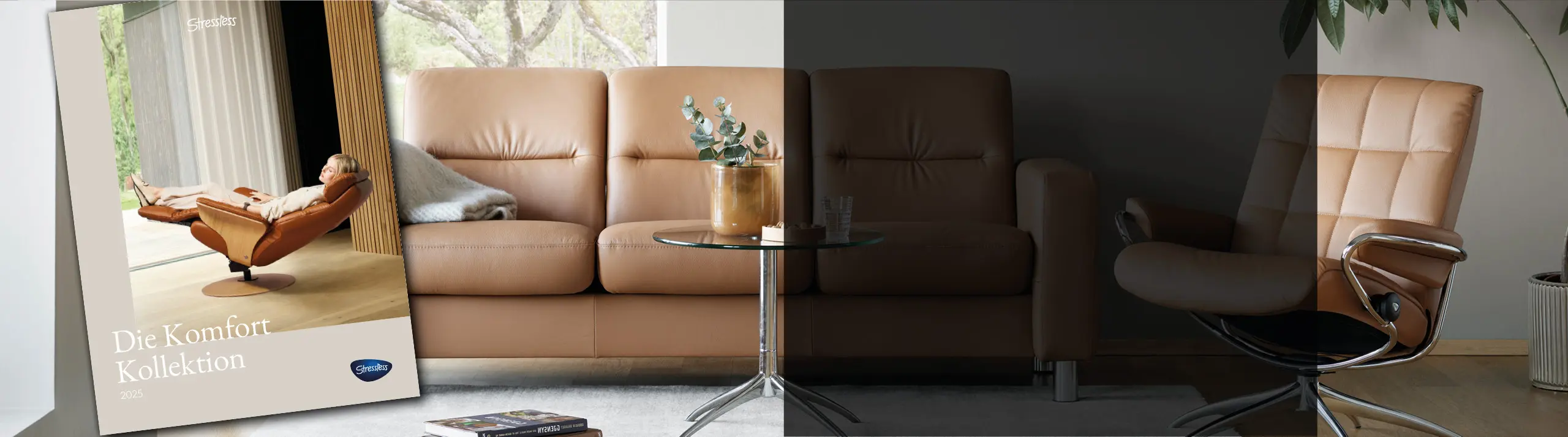 Hellbraunes Ledersofa mit passendem Sessel und Stressless Katalog