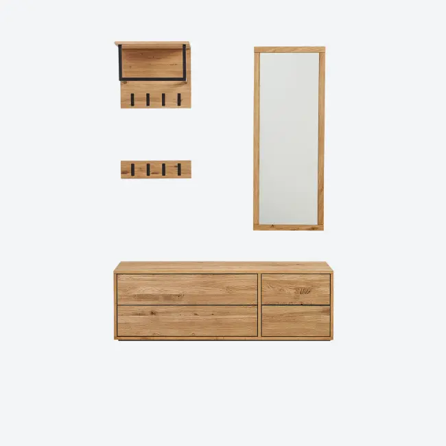 Garderobenset bestehend aus Hutablage, Schubank, Spiegel und Kleiderhaken aus Holz vor hellgrauem Hintergrund.