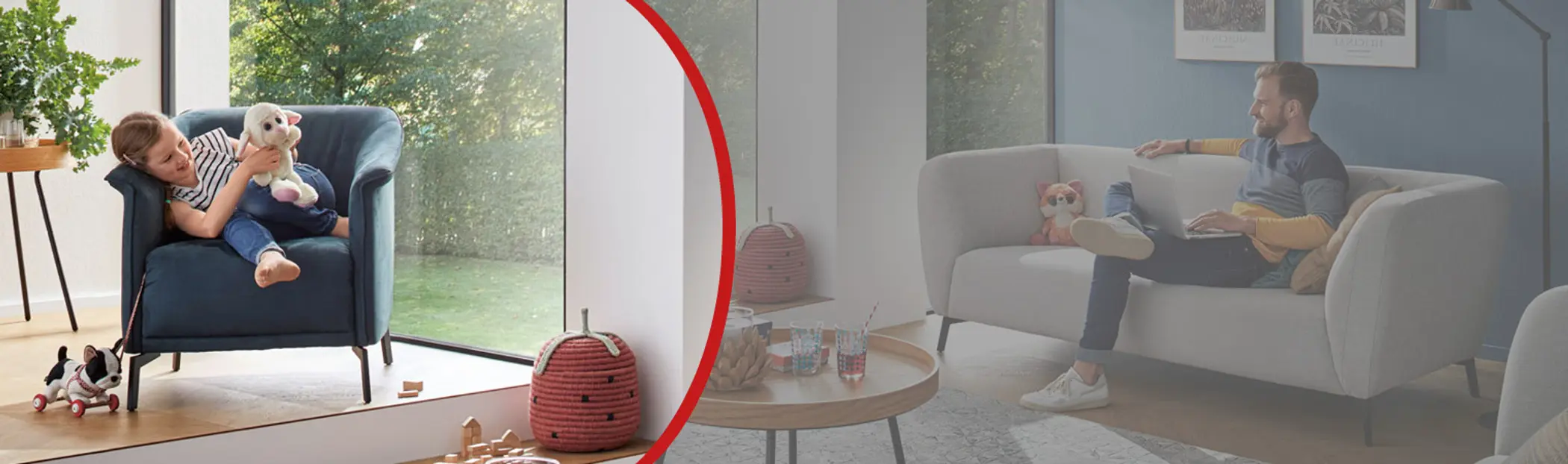 Vater und Kind auf Sessel und Sofa im Wohnzimmer