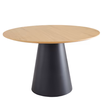 Skandi Esstisch mit schwarzem Kegelgestell und runder Wildeiche Tischplatte.