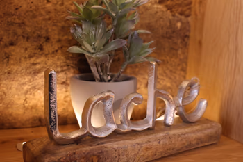Dekoratives Schild mit dem Schriftzug „lache“ aus Metall auf einem Holzsockel, dahinter eine kleine grüne Pflanze in einem grauen Topf.