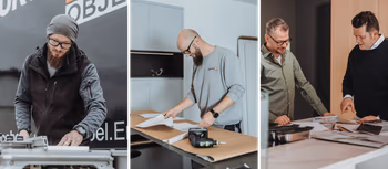 Montagemitarbeiter und Kundenberater bei der Arbeit.