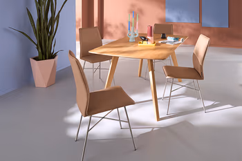 Esszimmerstühle mit Stativgestell und Cognac Bezug um einen Massivholz Esstisch im Skandi Look.