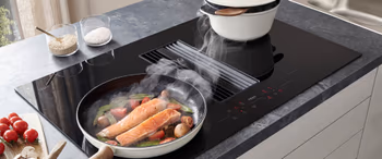 Muldenluefter saugt Dampf von bratendem Lachs ab.