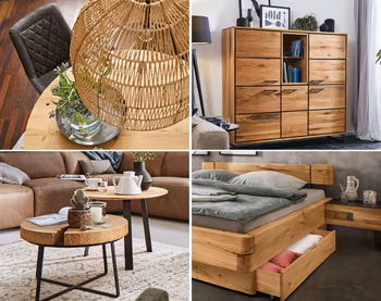 Vier Bilder, die einen Esstisch, Highboard, Bett und zwei Beistelltische aus dem nachhaltigen Material Massivholz zeigen.