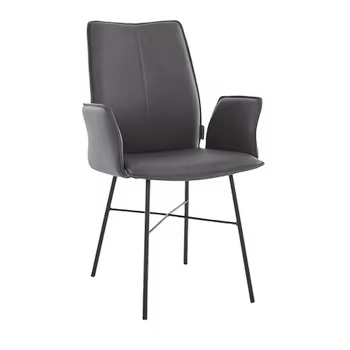 Armlehnstuhl mit Lederbezug in Anthrazit und schwarzem Stativgestell.