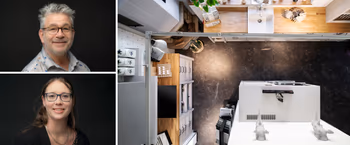 Mitarbeiter von Kuechenhaus Gruber und schicke Landhauskueche in Vogelperspektive.