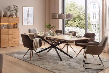Moderne Esszimmer mit einem Tisch aus Massivholz und Schalenstühlen.