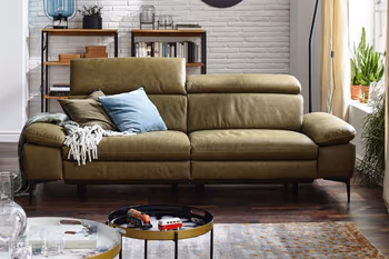 Grünes Ledersofa mit klappbaren Kopfstützen dekoriert mit zwei grünen Kissen in einem hellen Wohnzimmer.