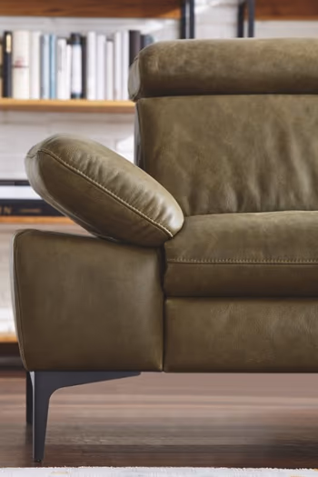 Linke Hälfte eines grünen Ledersofas mit aufgestellter Armlehne und klappbarer Kopflehne.