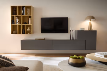 Moderne Wohnwand in minimalistischem Stil in den Farben Grau und Mandel.