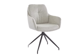 Beiger Schalenstuhl mit schwarzem Metallgestell.