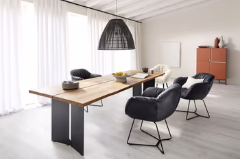 Ein weißer Teddy Stuhlsessel und drei schwarze Stuhlsessel mit dicker Polsterung und schwarzem Metallgestell um einen Massivholz Esstisch.