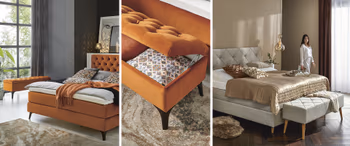 Orangenes und hellgraues Bett mit passender Polstersitzbank 