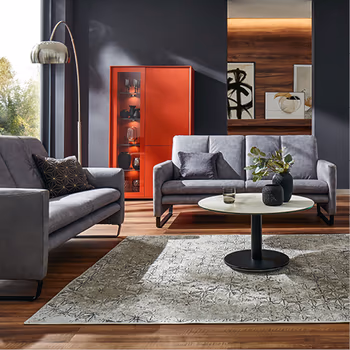 Zwei graue Sofas vor orangefarbenem Highboard in gemuetlichem Wohnzimmer.