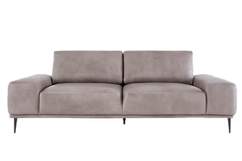 Graues zweisitzer Sofa mit lederbezug und filigranen Beinen.