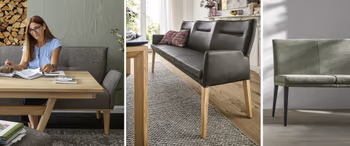 Frau auf Sitzbank an einem Holztisch im Esszimmer.