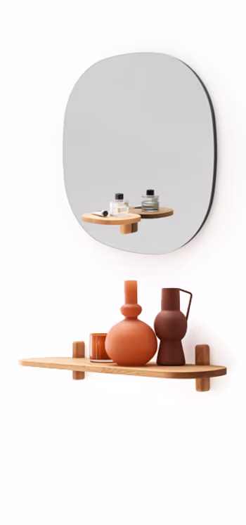 RAUM.FREUNDE SIGNE Collage aus Wandspiegel und Wandregal in massiver Eiche