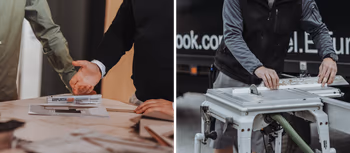 Mitarbeiter im Beratungsgespraech und Montageschreiner bei der Arbeit.