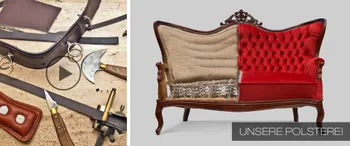 Lederhandwerk-Werkzeuge und Materialien auf Werkbank   Antikes Sofa mit halb entfernter Polsterung – Vorher-Nachher-Darstellung