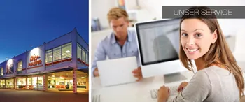 City-Polster Gebäude bei Nacht   Freundliche Kundenberatung am Computer mit dem Text "UNSER SERVICE"