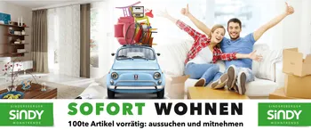 Helles Wohnzimmer links, im Zentrum ein blauer Kleinwagen mit gestapelten Möbeln, rechts ein glücklich lächelndes Paar auf einer Couch.