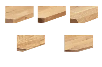 Unterschiedliche Arten von Tischkanten aus Massivholz: Gerade Kante, gerade Kante abgerundet, Schweizer Kante, Schweizer Kante abgerundet, Organische Kante