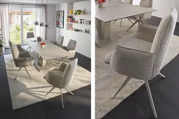 Collage mit zwei Bildern von modernem Esszimmer mit großem, hellgrauen Tisch und passenden Esszimmerstühlen und Detailbild von Seitenansicht eines Armlehnstuhls.