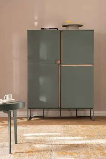 Grünes Lack Highboard mit modernen versetzten Türen.