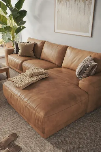 Ecksofa mit cognacfarbenem Lederbezug in einem hellen Wohnzimmer mit großer Pflanze. 