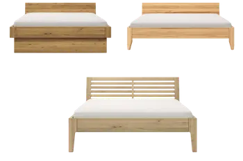 Collage von drei Betten aus Holz mit unterschiedlichen Kopfteilen aus Holz und Polsterbezug.