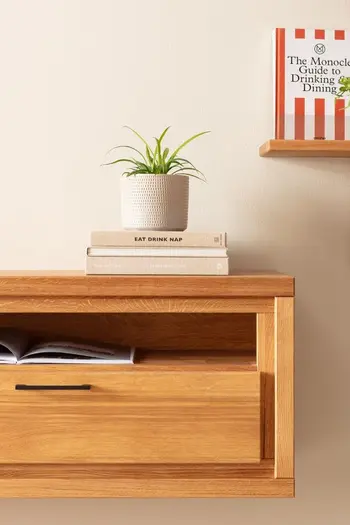 Teil einer Wohnwand aus Massivholz, die an der Wand hängend befestigt ist und ein Regalfach und eine Klapptür hat und auf der Büche liegen und eine Pflanze stehen.