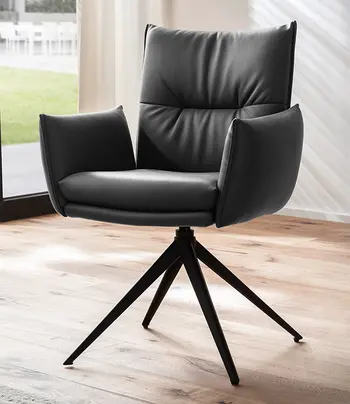 Design-Armlehnstuhl in schwarzem Leder mit schwarzem Metallgestell