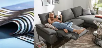 Übereinanderliegende Kataloge und Frau aus Sofa liegend mit Tablet. 