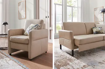 Collage von Ledersessel und 2-Sitzersofa mit Sitzvorzug in der Farbe Champagner.