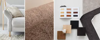 Collage mit Stoffmustern in Beige- und Brauntönen mit beigem Cord-Sofa.