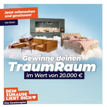Banner zum Gewinnspiel TraumRaum. Man kann einen Gutschein im Wert von 20.000€ gewinnen