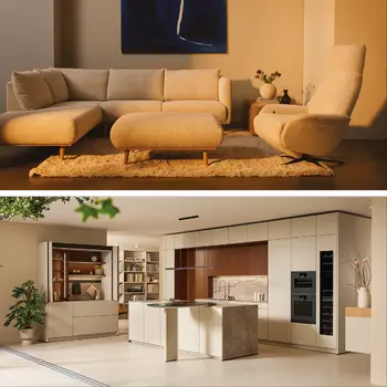 Geteiltes Motiv: Wohnzimmer mit Sofa und moderne Küche mit Kochinsel