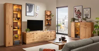 Ein modern eingerichtetes Wohnzimmer mit einer Wohnwand aus Holz, Regal und Sideboard.
